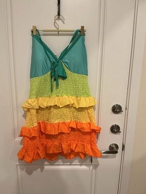 XP,USWEARColorblock Ruffled Tiered swimsuit - Teal, Lime, Yellow, Orange